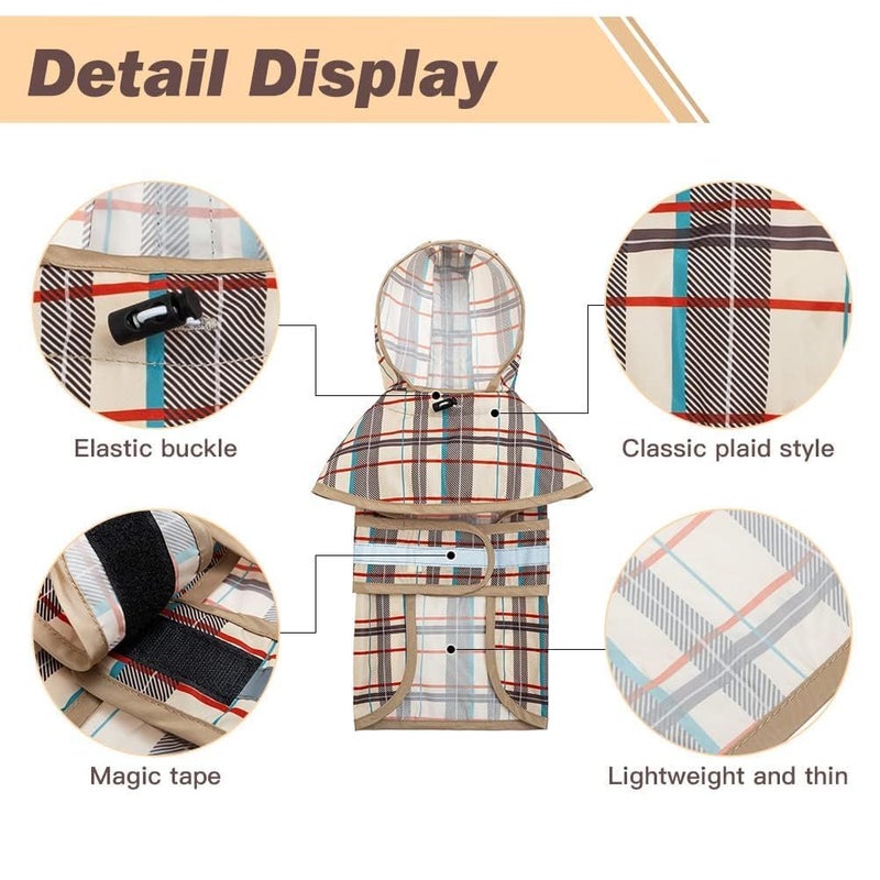 KOOLTAIL Dog Raincoat Hooded Slicker Poncho with Leash Hole, Raincoat for Small Medium Dogs, Waterproof Doggie Rain Jacket with Reflective Strip, Adjustable Breathable Plaid Puppy Rainwear,Beige S - Image 3